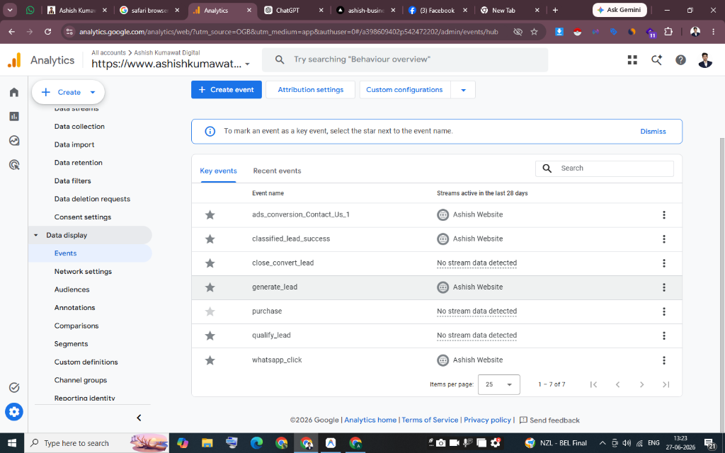 GA4 Admin panel marking generate_lead as a Key Event