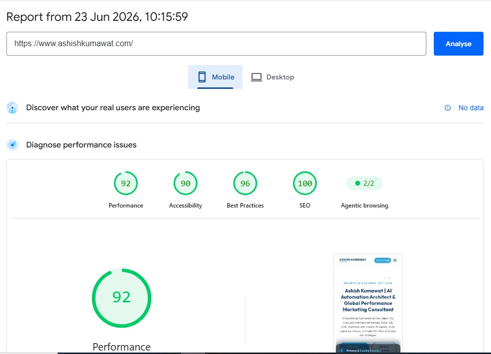 Next.js Mobile PageSpeed Score 92